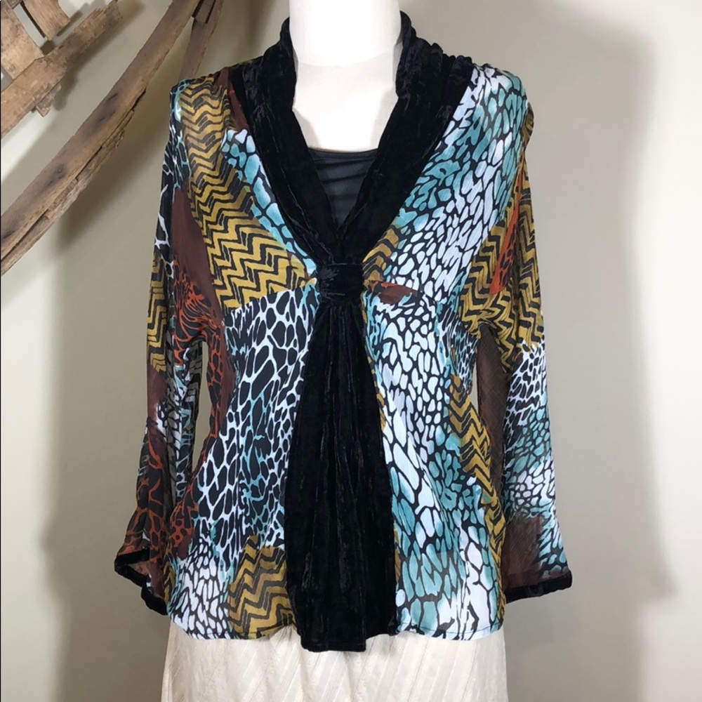 Colorful animal print blouse w/crushed velvet trim